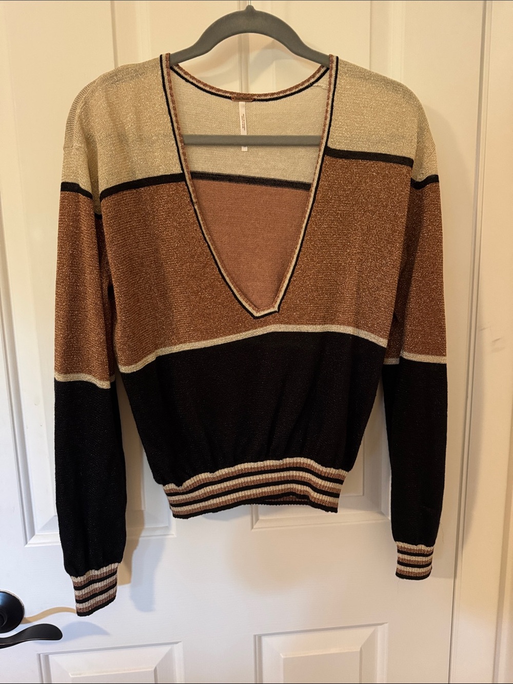 Free People Colorblock V-Neck Sweater in Metallic Brown, Black, Cream